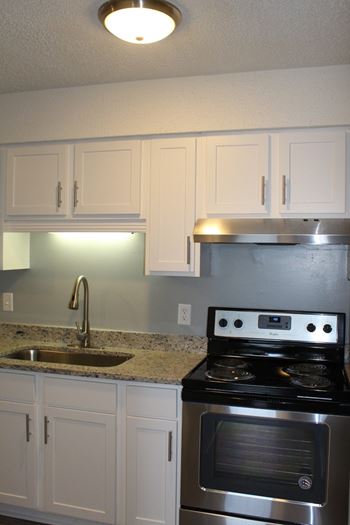 Kitchen with goosneck faucet and white cabinets.